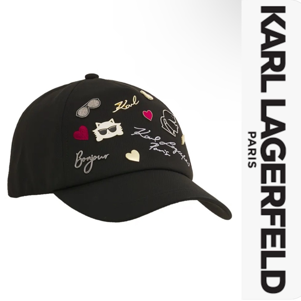 KARL LAGERFELD black multiple signature Pin Baseball Cap Hat*NWT